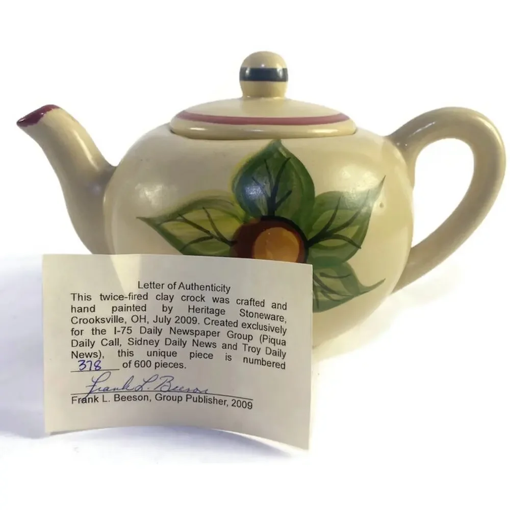 Heritage Stoneware Teapot Hand Painted Flower Brown #378/600 Fired Twice